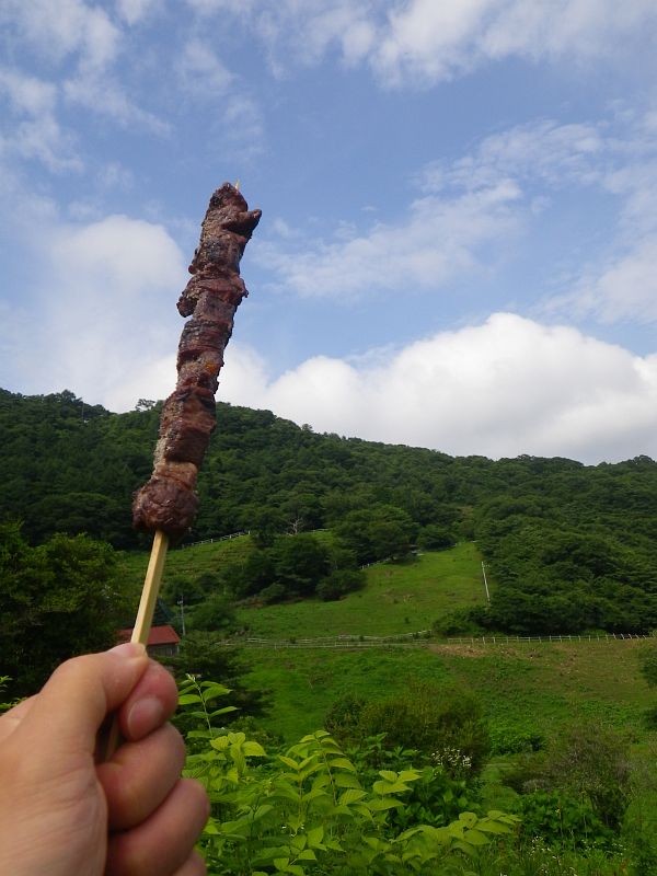 日本最古の西洋式牧場『神津牧場』で牛肉の串焼きを頂きます。うまいッ！